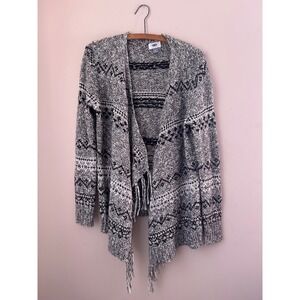 Old Navy Fringe Cardigan Sweater Medium M Black White Gray‎ Knit Aztec Boho Cozy